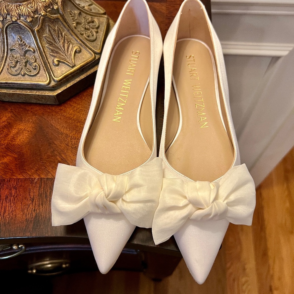 $475 NWOB Stuart Weitzman Anny Mesh Bow White Satin Bridal Wedding Flats Shoes 8